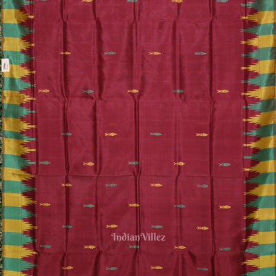 Maroon with Multicolor Double Pallu Phoda Kumbha Fish Motif Berhampuri Silk Saree