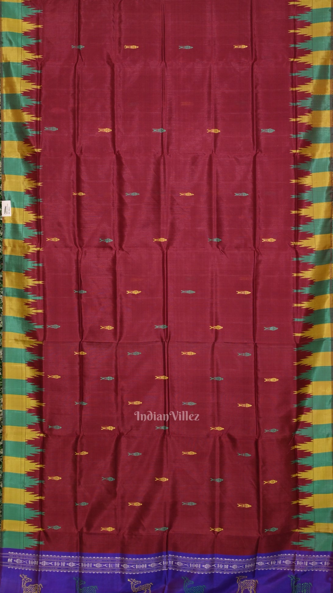 Maroon with Multicolor Double Pallu Phoda Kumbha Fish Motif Berhampuri Silk Saree