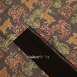 Cement Gray Jungle Theme Sambalpuri Odisha Ikat Cotton Fabric