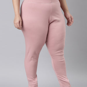Women Solid Baby Pink Ribbed Warm Leggings
