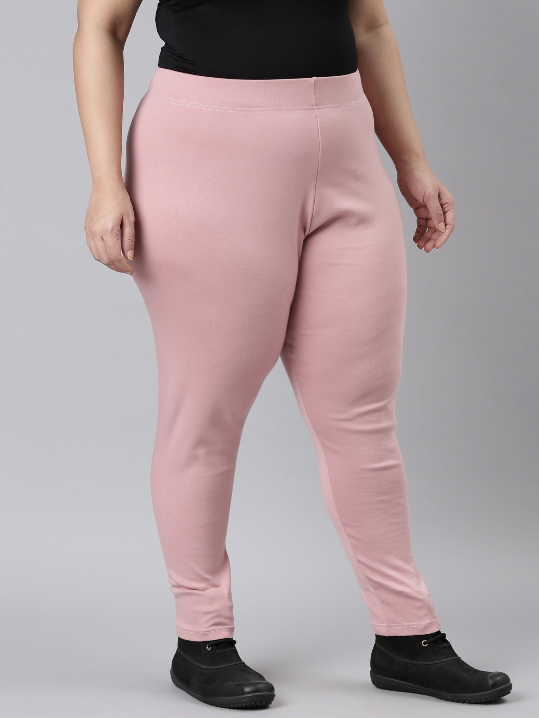 Women Solid Baby Pink Ribbed Warm Leggings