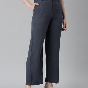 Women Solid Dark Jean Blue High Rise Crepe Wide Pant
