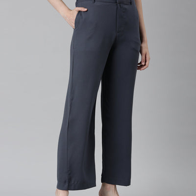 Women Solid Dark Jean Blue High Rise Crepe Wide Pant