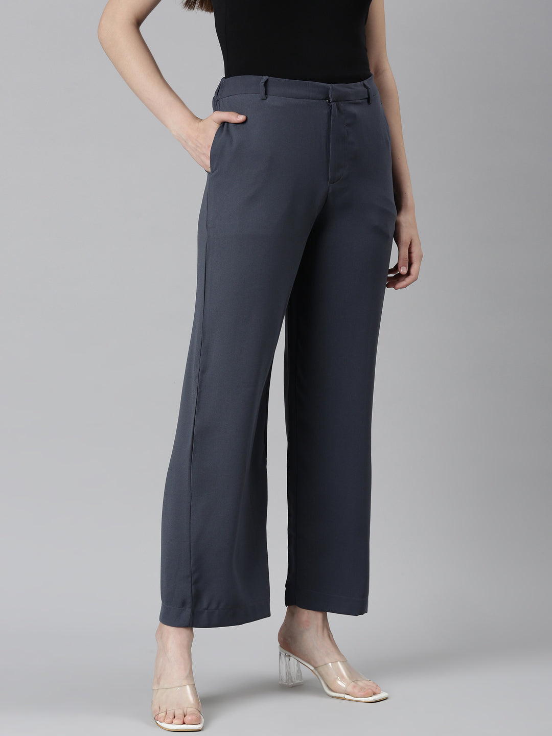 Women Solid Dark Jean Blue High Rise Crepe Wide Pant