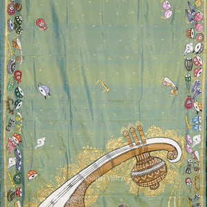Parrot Green Dual Tone Sitar Instrument Hand-Painted Pattachitra Saree