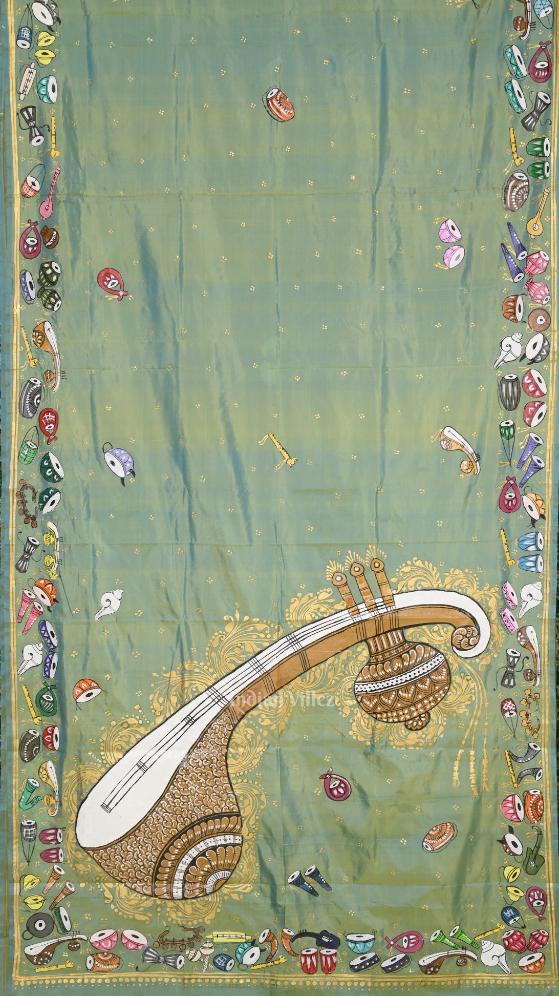 Parrot Green Dual Tone Sitar Instrument Hand-Painted Pattachitra Saree