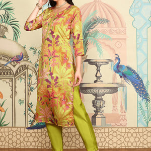 Yellow Floral Printed Straight Kurta With Trousers & Dupatta