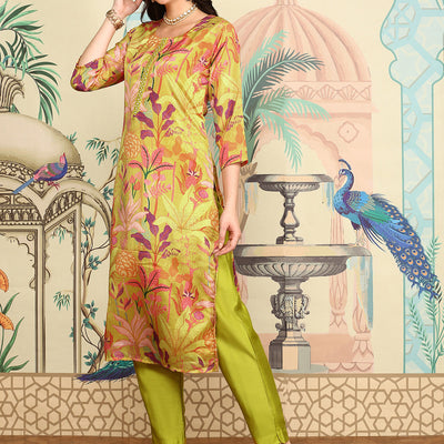 Yellow Floral Printed Straight Kurta With Trousers & Dupatta