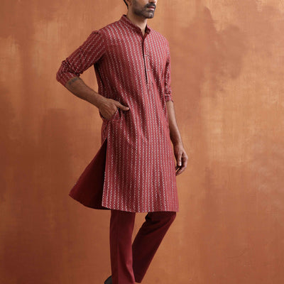 trueBrowns Men's Rust Cotton Dobby Kurta