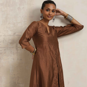 trueBrowns Brown Silk Slit Kurta Set