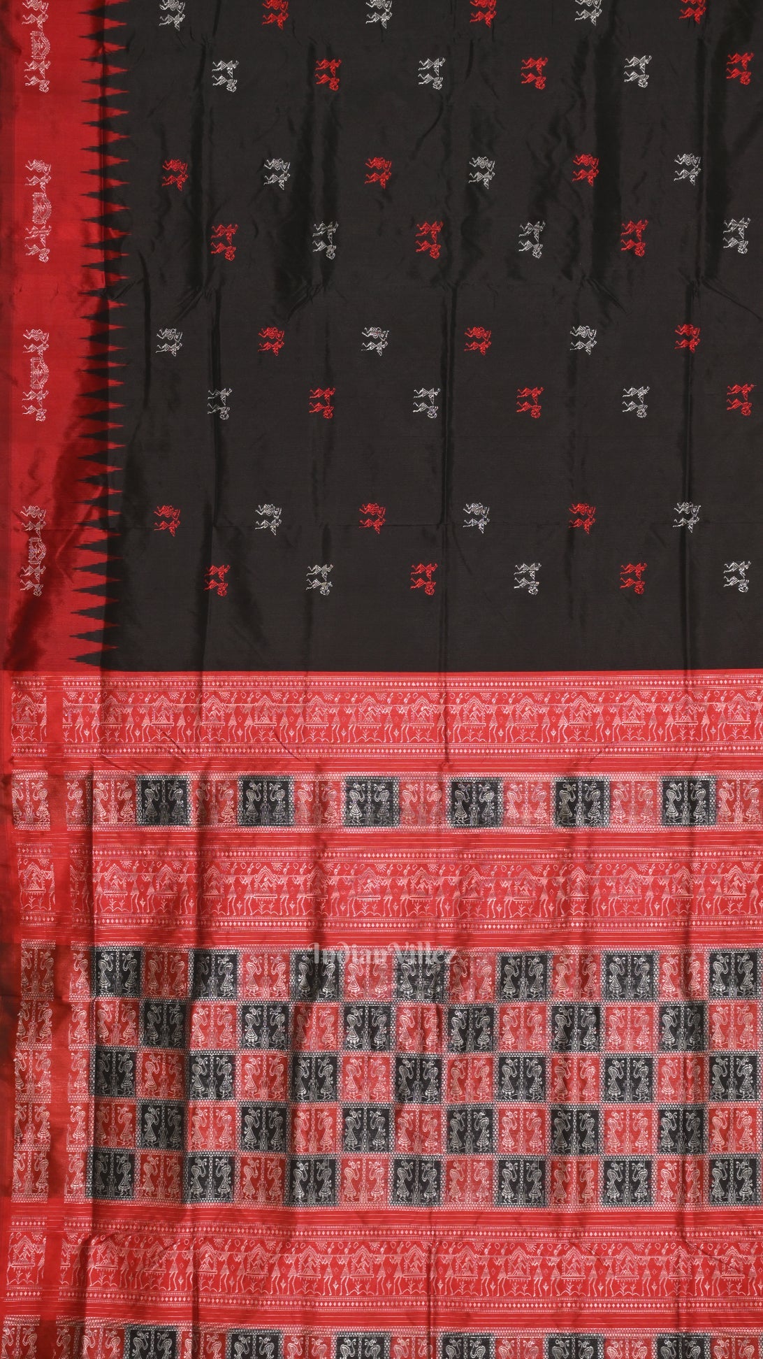 Dark Black Red Tribal Theme Bomkai Sambalpuri Silk saree