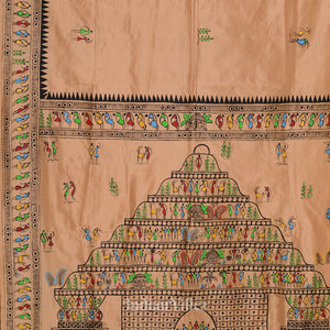 Beige Konark Temple Theme Pattachitra Silk Saree