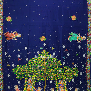 Blue With Green Raja Theme Hand-Painted Pattachitra Saree