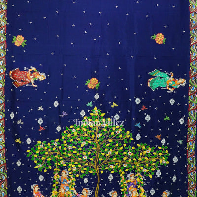 Blue With Green Raja Theme Hand-Painted Pattachitra Saree