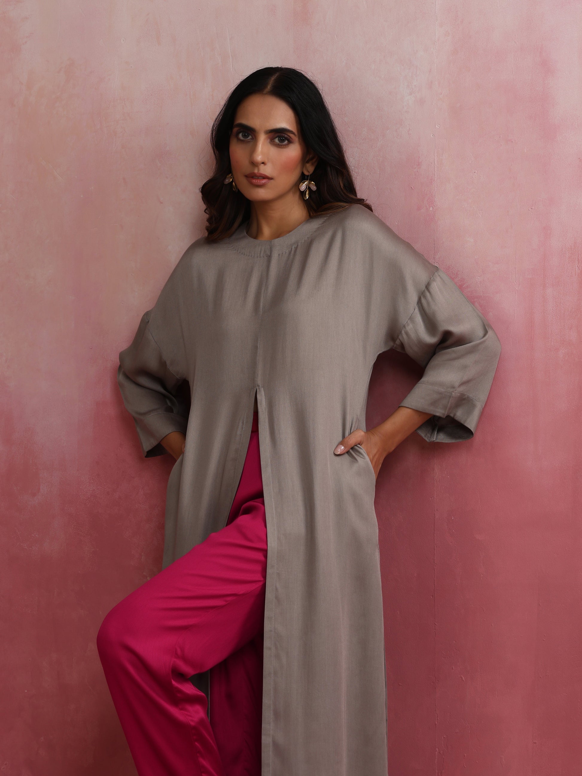 trueBrowns Grey High Slit Modal Kurta Set