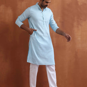 trueBrowns Men's Blue Sequin Chanderi Kurta