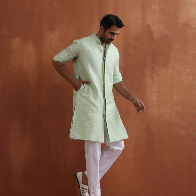 trueBrowns Men's Green Sequin Chanderi Kurta