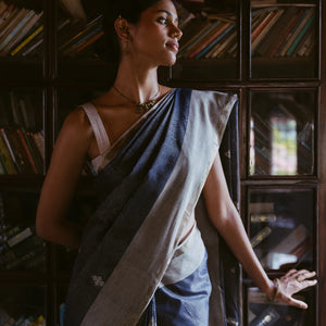 Dark Grey Handloom Bengal Cotton Tissue saree With Zari stripes and Floral (Phool) Buttis