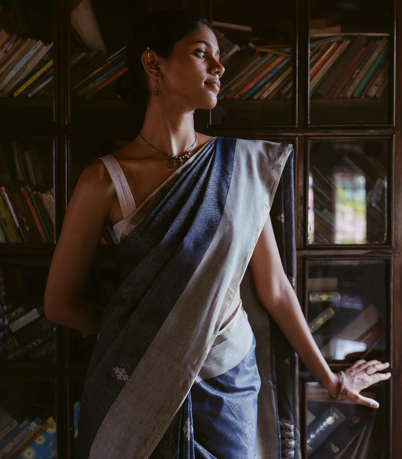 Dark Grey Handloom Bengal Cotton Tissue saree With Zari stripes and Floral (Phool) Buttis