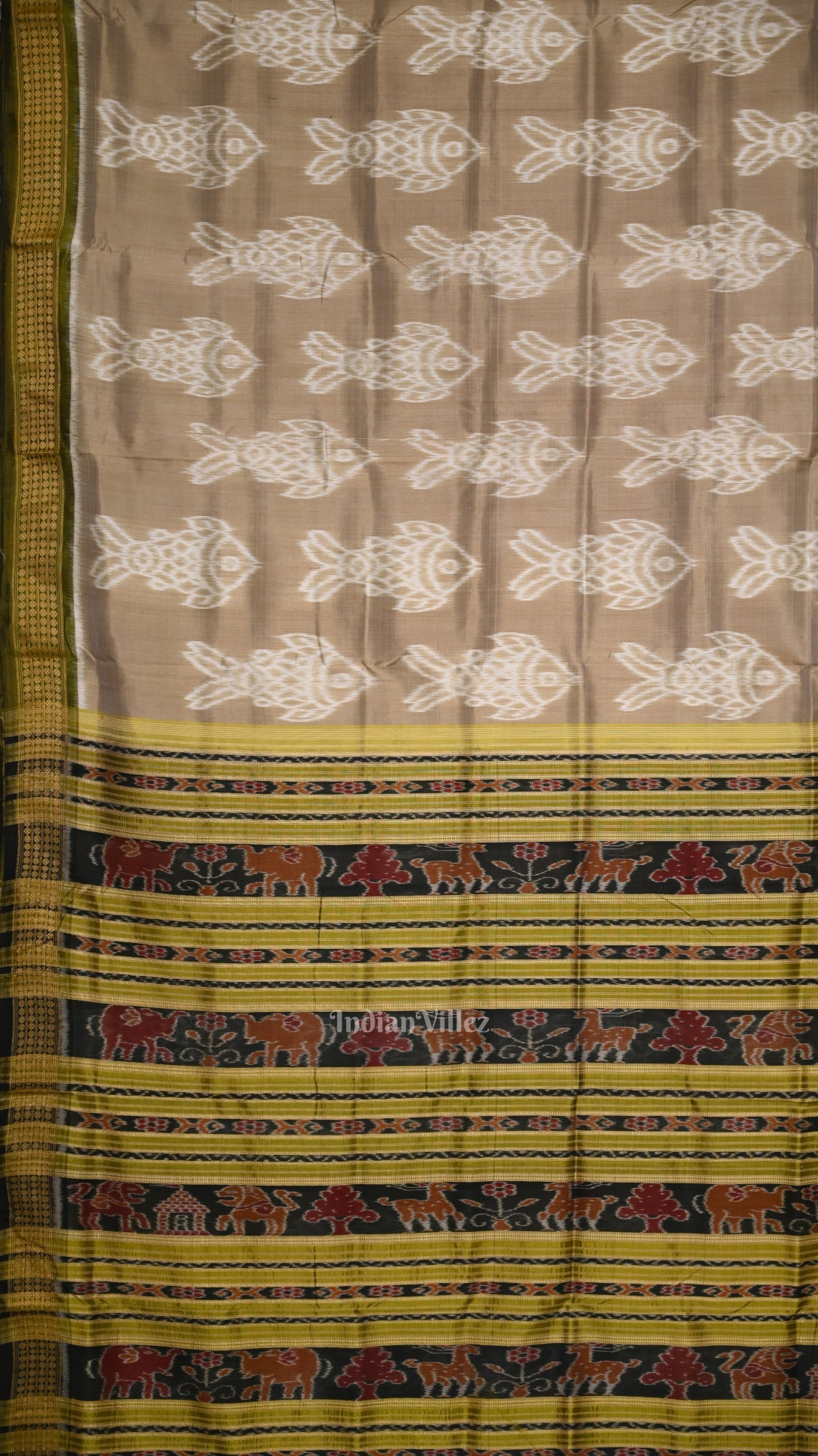 Pastel Green Fish Theme Odisha Handloom Khandua Silk Saree