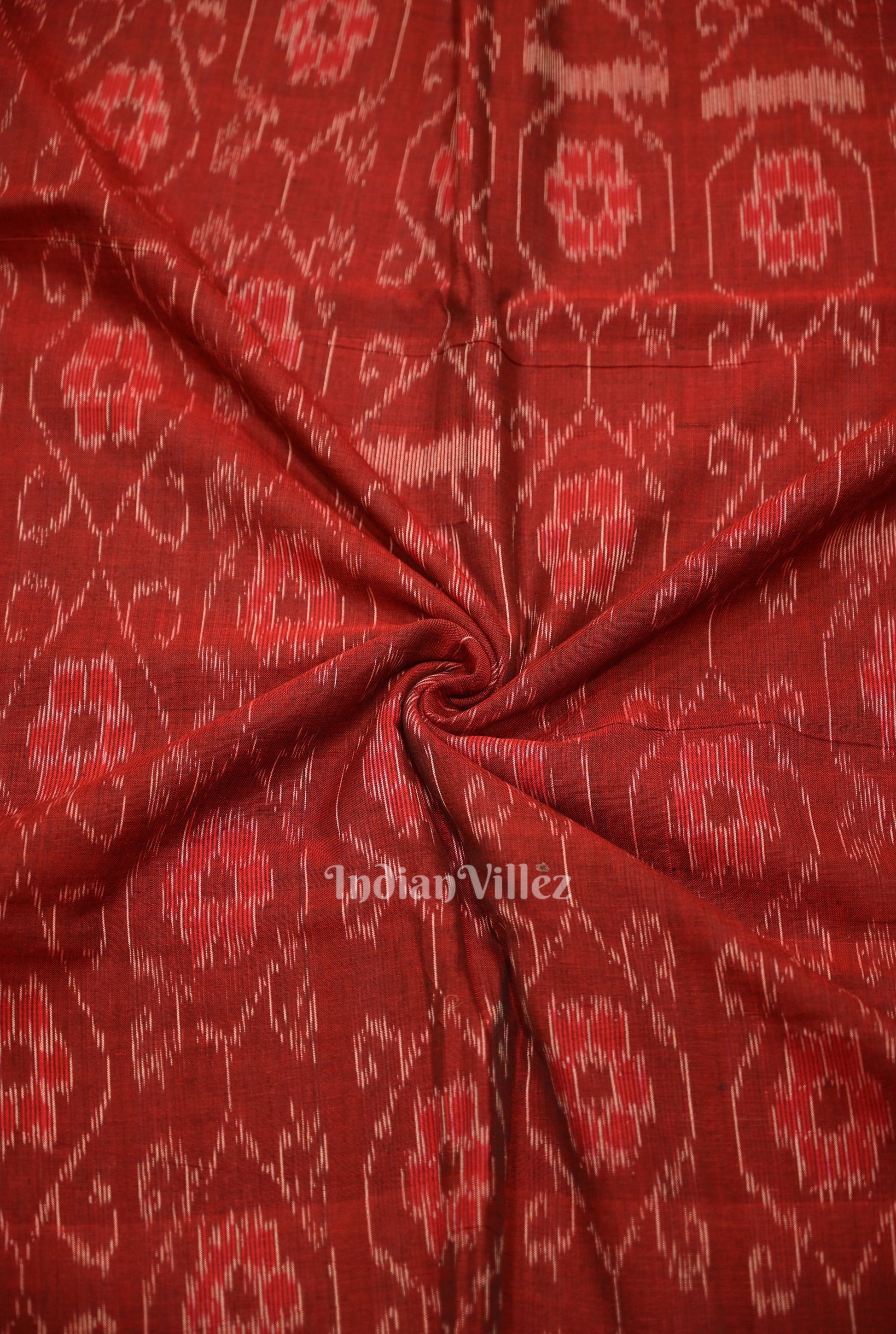 Deep Maroon Floral Theme Sambalpuri Ikat Cotton Fabric