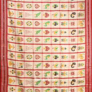 White Nabakothi Jagannath Theme Odisha Ikat Khandua Silk Saree