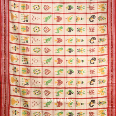 White Nabakothi Jagannath Theme Odisha Ikat Khandua Silk Saree