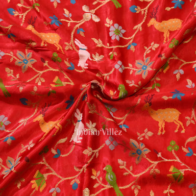 Pure Authentic Red Tussar Banarasi Silk Saree with thread embroidery