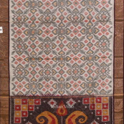 Off white Coffee Pochampally Ikat Sico (Silk & Cotton) Saree with Zari Border