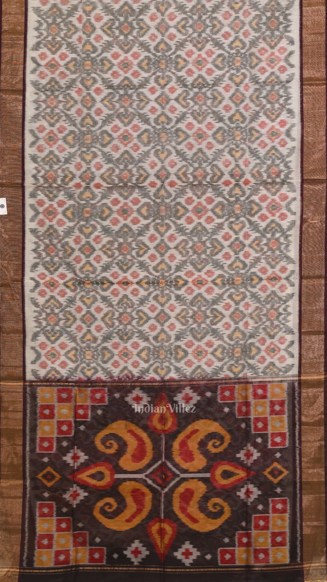 Off white Coffee Pochampally Ikat Sico (Silk & Cotton) Saree with Zari Border