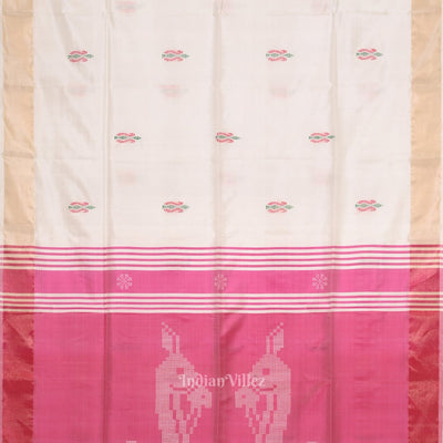 White Pink Pure Bishnupuri Silk Saree