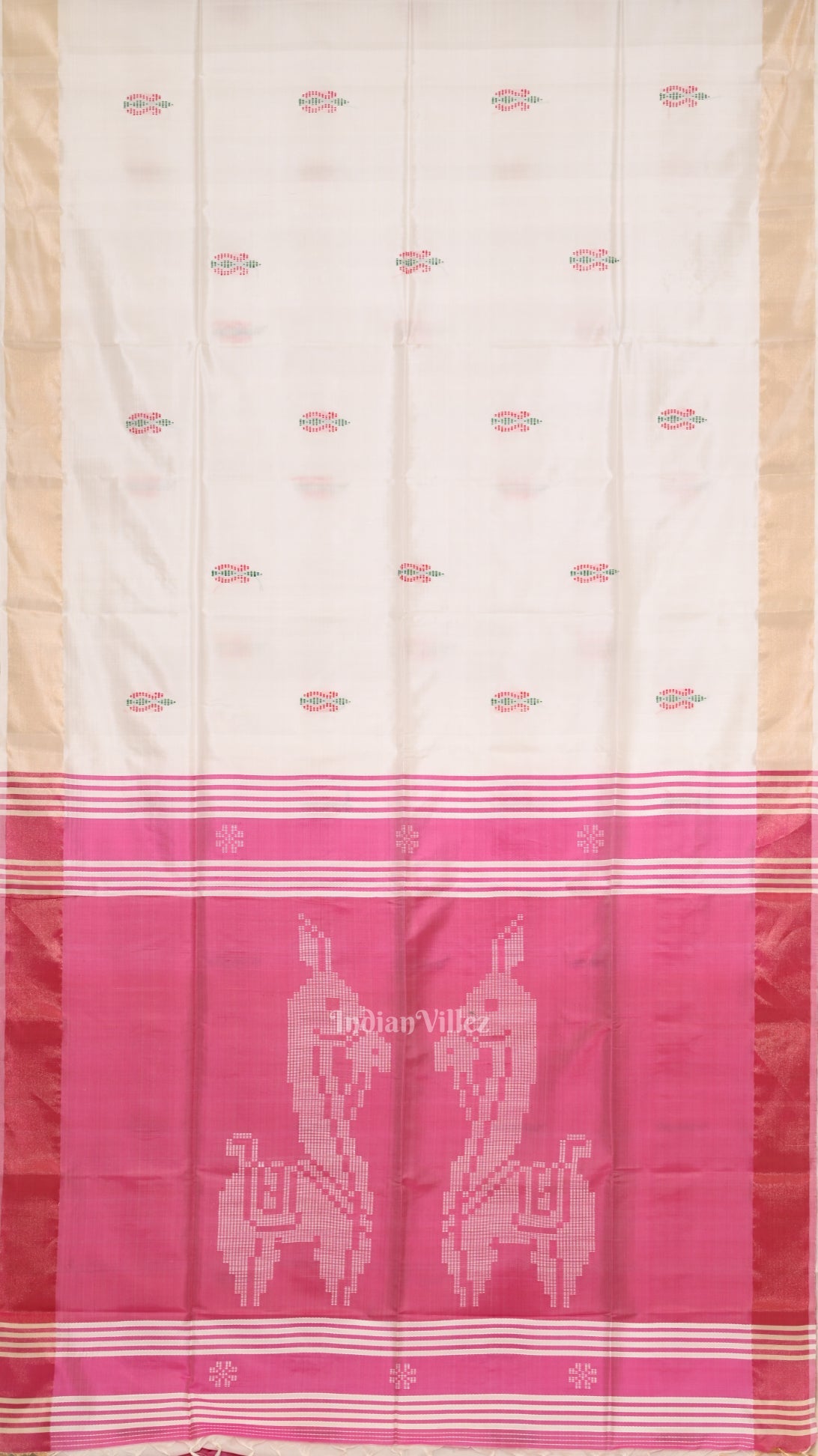 White Pink Pure Bishnupuri Silk Saree