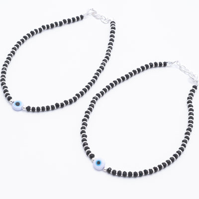 4.Evil Eye Black Beads Silver Anklets for Women