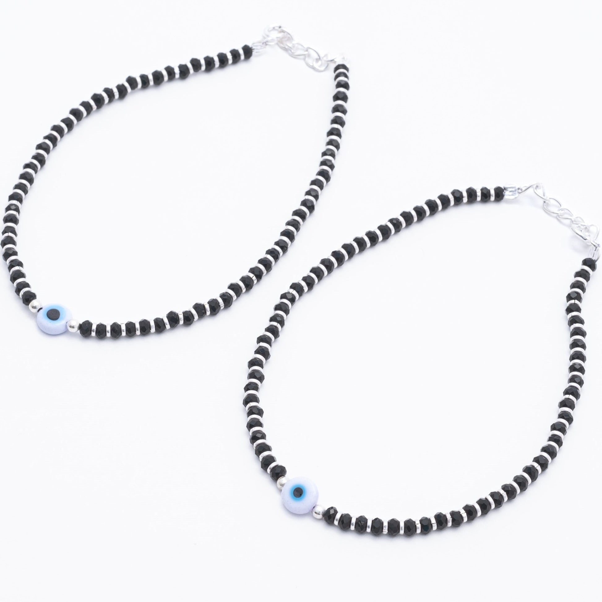 4.Evil Eye Black Beads Silver Anklets for Women