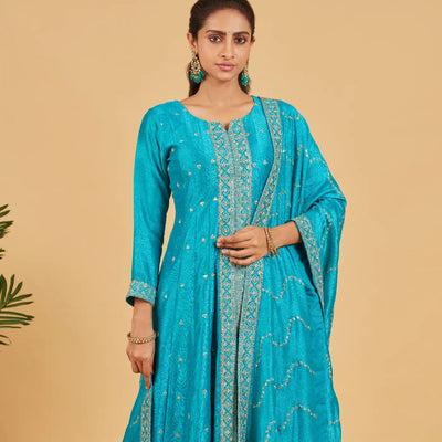 Turquoise Blue Anarkali Set With Matching Dupatta