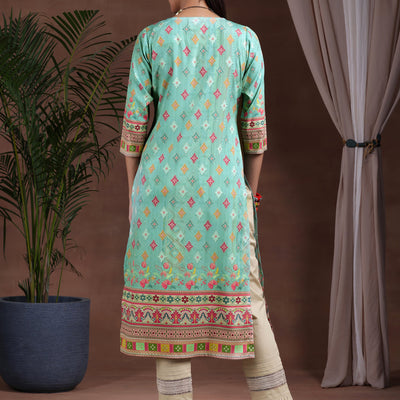 Green Printed Crepe Straight Kurta