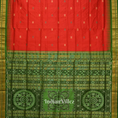 Red Green Bomkai With Tissue Border Odisha Ikat Silk Saree