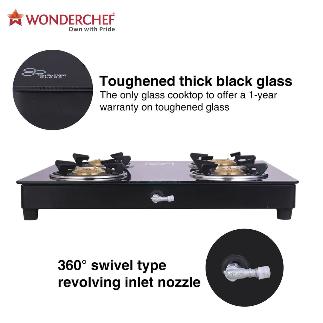 Ruby  4 Burner Glass Cooktop, Black Toughened Glass