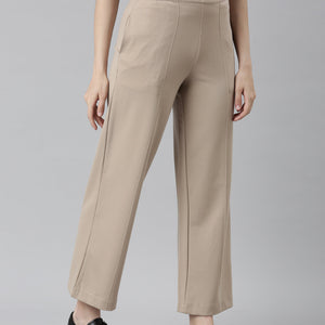 Women Solid Beige Ponte Wide Leg Pants