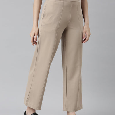 Women Solid Beige Ponte Wide Leg Pants