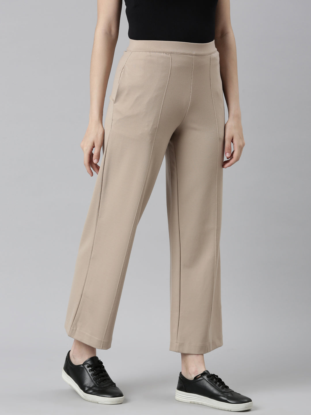Women Solid Beige Ponte Wide Leg Pants