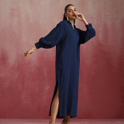 trueBrowns Dark Blue Cotton Dobby Dress