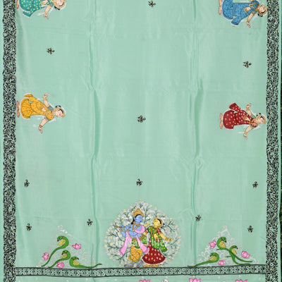 Light Blue Radha Krishna Theme Hand-Painted Pattachitra Saree