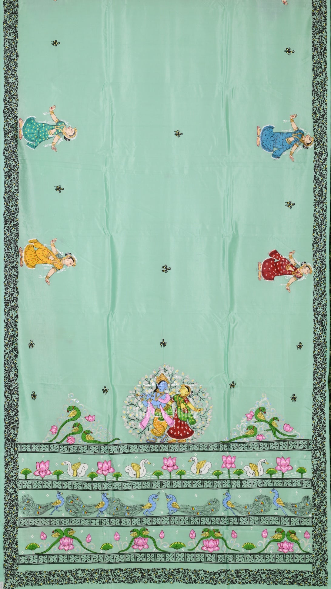 Light Blue Radha Krishna Theme Hand-Painted Pattachitra Saree