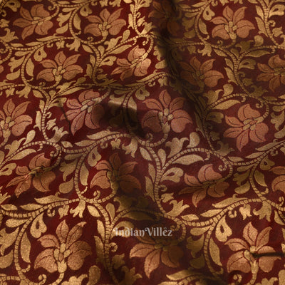 Dark Maroon With Golden Floral Motif Pure Kanjivaram Silk Saree