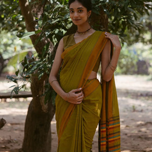 Olive Green Handloom Bengal Cotton Saree With ( Dora ) Stripes in Green, Brown and Red