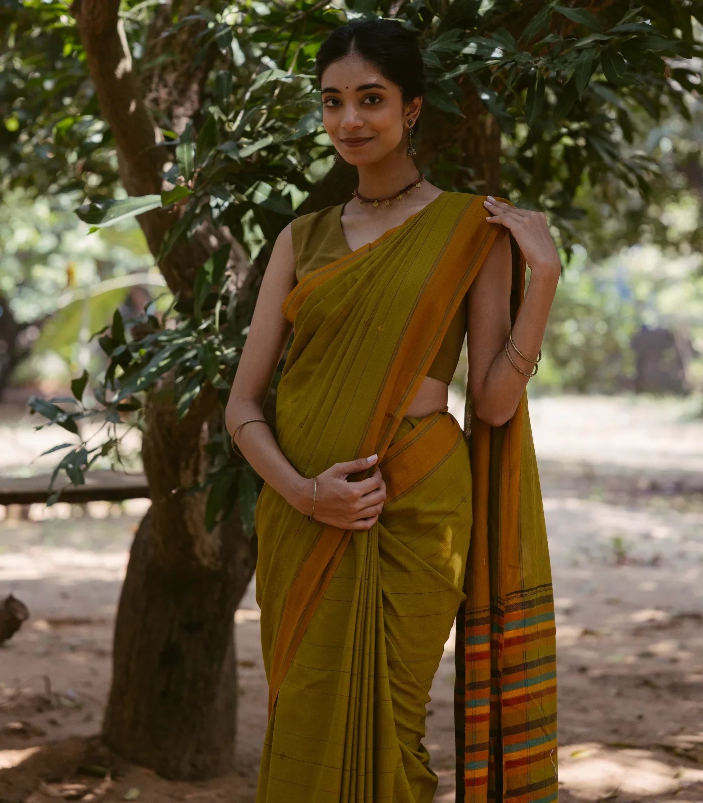 Olive Green Handloom Bengal Cotton Saree With ( Dora ) Stripes in Green, Brown and Red