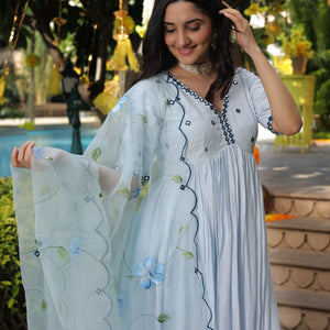 Blue Blossom Handpainted Cotton Silk Suit Set