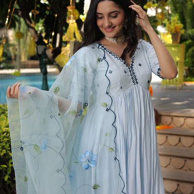 Blue Blossom Handpainted Cotton Silk Suit Set