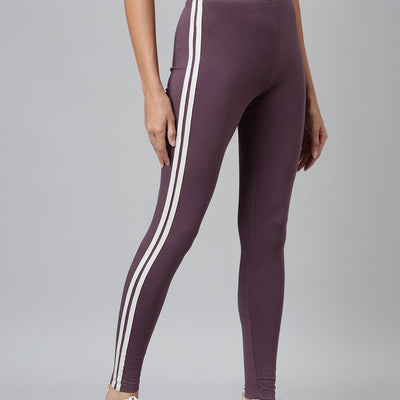 Women Purple Cotton Side Stripe Active Leggings